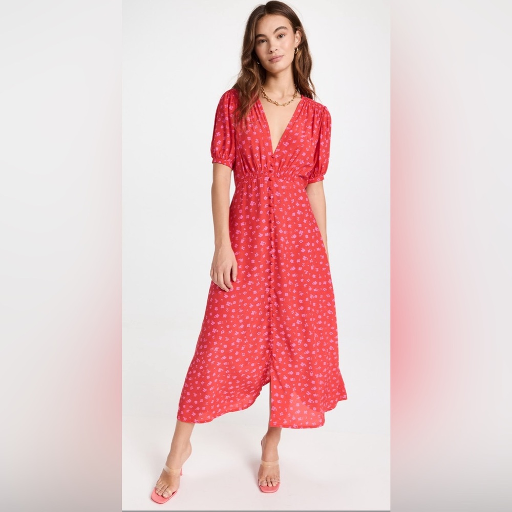 Red Floral V-Neck Midi Dress